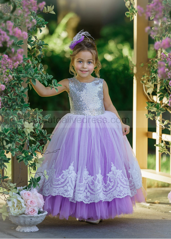Silver Sequin Purple Tulle V Back Twirl Flower Girl Dress